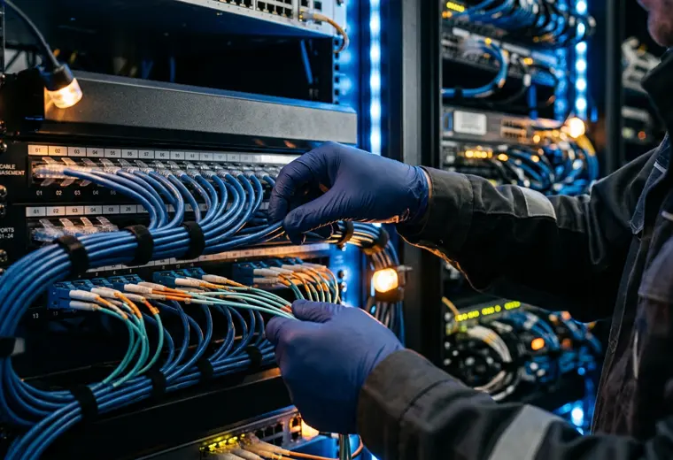 Técnico organizando cabeamento estruturado em um rack de servidores