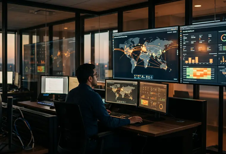 Centro de operações de rede com monitores exibindo topologia e alertas de segurança